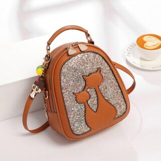 Leather glitter backpack with cat print - Brown - Handbag Strap