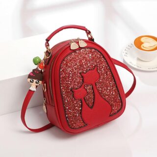 Cat Printed Leather Rucksack - Red - Handbag Bag