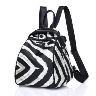 Women's small backpack with zebra pattern in black and white polyester