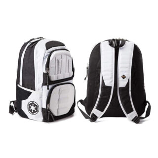 Sac à dos voyage style Star Wars blanc et noir avec un fond blanc