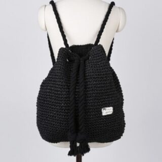 Summer straw backpack with knitted drawstring