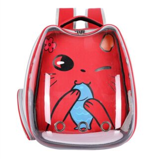 Sac à dos transparent motif dessin animé pour chat rouge et transparent avec un fond blanc