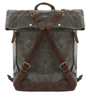 Grey and brown vintage canvas backpack for men with white background