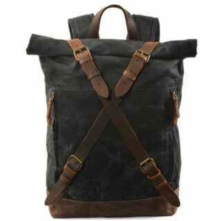 Men's vintage black canvas backpack with white background