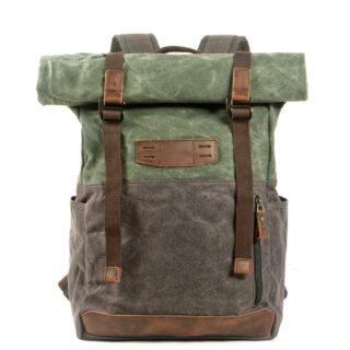 Green vintage leatherette hiking backpack with white background