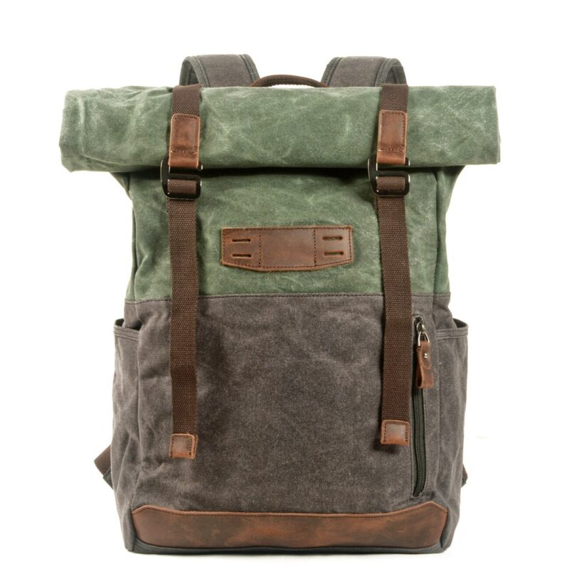 Green Vintage Leatherette Hiking Backpack With White Background