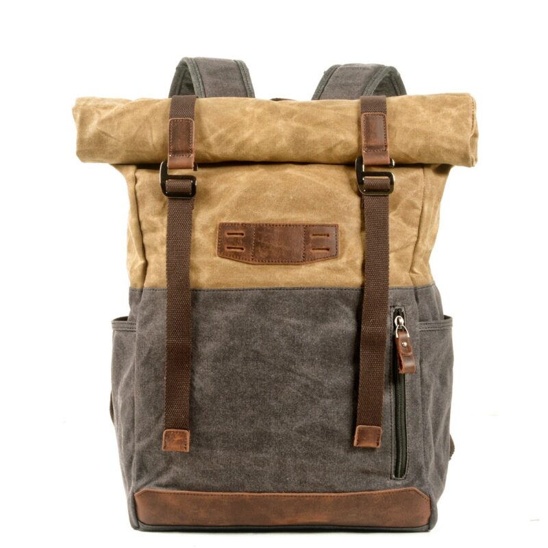 Brown And Grey Vintage Leatherette Hiking Backpack With White Background