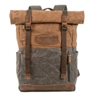 Fashionable brown and grey vintage leatherette hiking backpack