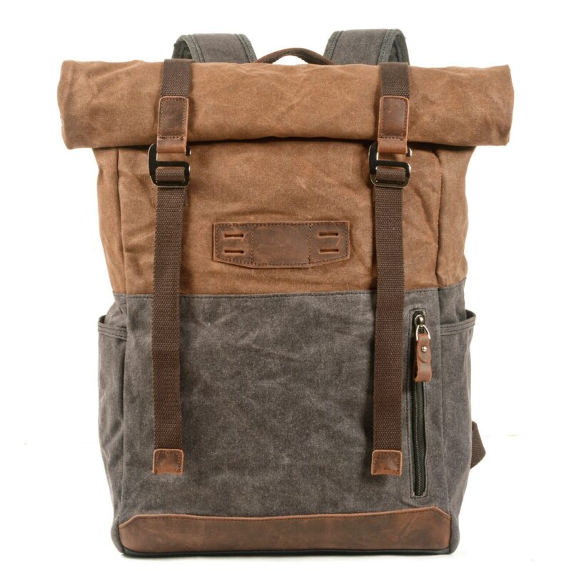 Fashionable Brown And Grey Vintage Leatherette Hiking Backpack