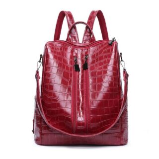 Women's Multi-Zip Crocodile Backpack - Red - Handbag