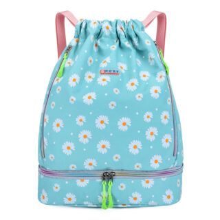 Women's waterproof sports backpack blue with white flowers and white background