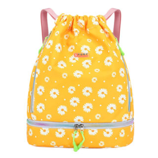 Women's waterproof sports backpack yellow with white flower pattern