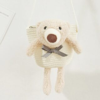 Coloured straw shoulder bag with teddy bear
