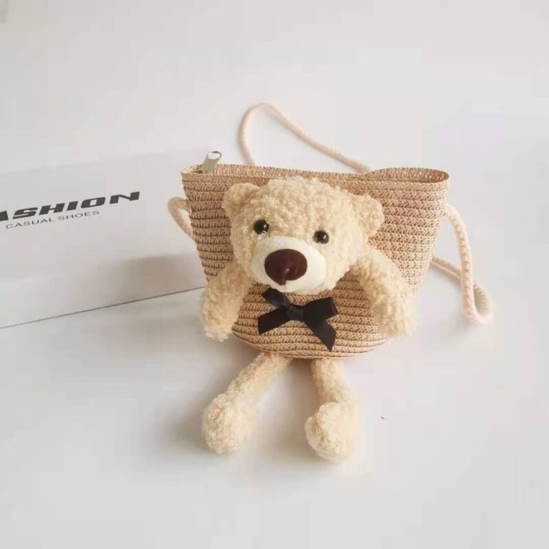 Coloured Straw Shoulder Bag With Teddy Bear