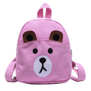 School backpack with teddy bear head for children in purple with white background