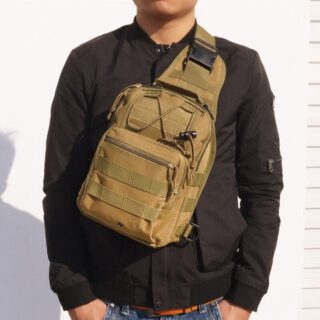 Soft military backpack with beige shoulder strap and a mannequin carrying the bag on the background