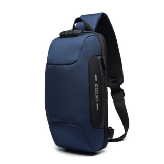 Blue anti-theft shoulder bag with white background