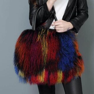 Fashionable multicoloured fur and artificial leather handbag