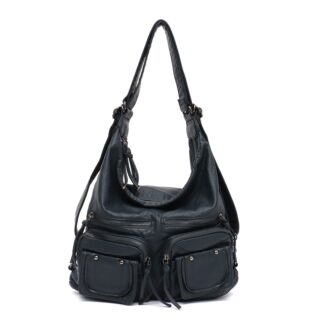 Black leatherette shoulder bag with white background