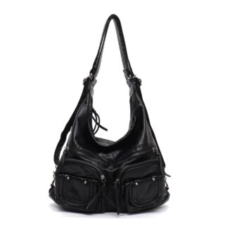 Black leatherette shoulder bag with white background