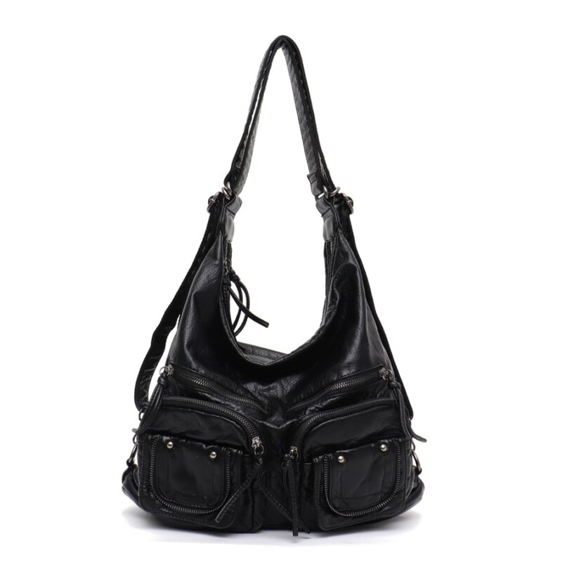 Black Leatherette Shoulder Bag With White Background