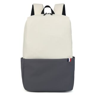 Waterproof laptop backpack in beige and grey with white background