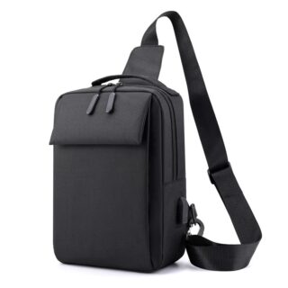 Men's black nylon shoulder bag with white background