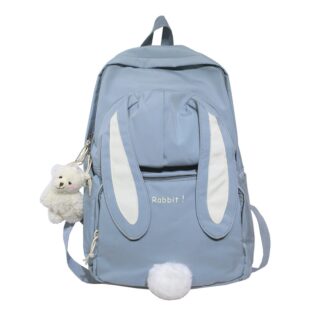 Blue bunny ears backpack with white mini plush keyring