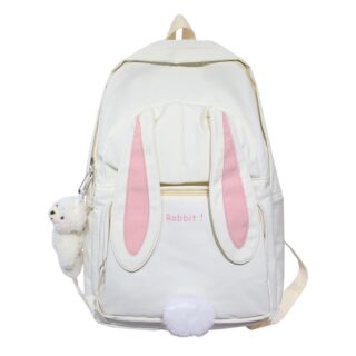 White and pink bunny ears backpack with white background