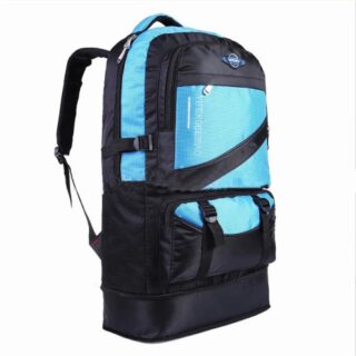 60L black and blue nylon ski backpack with white bottom