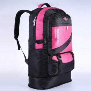 Ski backpack 60L in pink and black nylon with blue bottom
