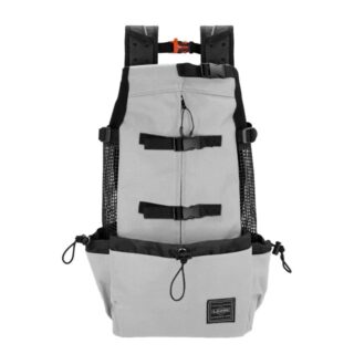 Grey and black backpack for large dogs with white background