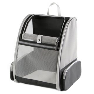 Grey and black breathable cat backpack with white background