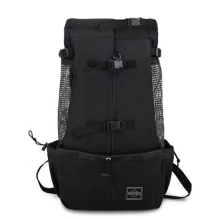 Dog backpack with black opening and white background