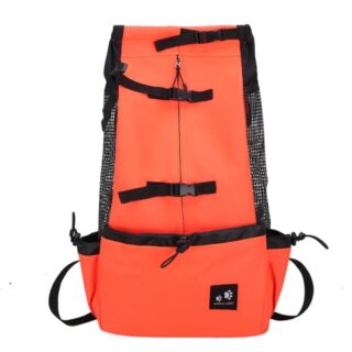 Dog backpack with orange opening and white background