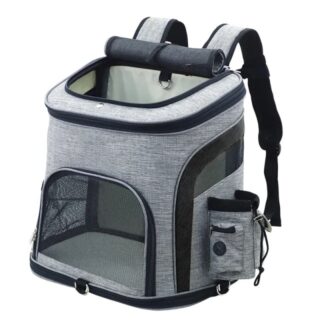 Double opening cat backpack grey and black with white background