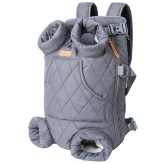 Grey fleece dog backpack with white background