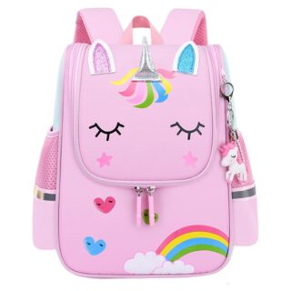 Pink unicorn backpack for girls with front design and side pockets