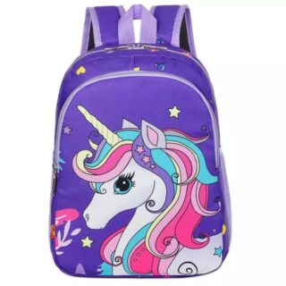 Unicorn backpack with purple breath with unicorn image and white background