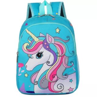 Unicorn backpack with blue breathing and white background