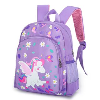 Unicorn backpack with purple flowers on a white background