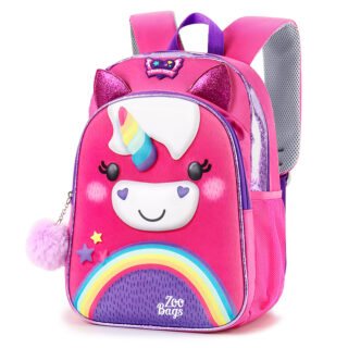 Multicoloured unicorn mini backpack for girls in pink and purple with white background