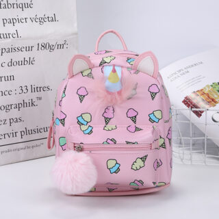 Mini unicorn backpack with pink ice cream and white background with black lettering poster