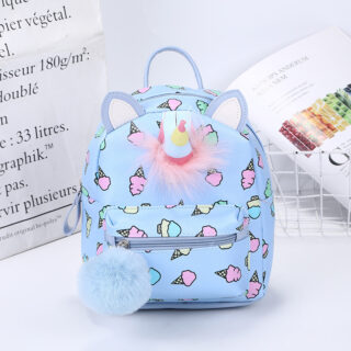 Mini unicorn backpack with a blue and pink ice-cream motif and a background with black writing and a white basket