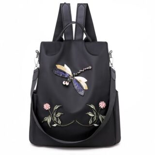 Women's flower and butterfly embroidered backpack black fashionable