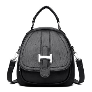 Women's black multi-pocket leather mini backpack with white background