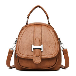 Women's vintage brown multi-pocket leather mini backpack