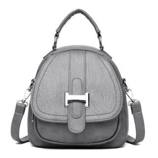 Women's multi-pocket leather mini backpack grey with white background