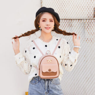Pink and brown multifunctional mini backpack for women with a girl in a white shirt
