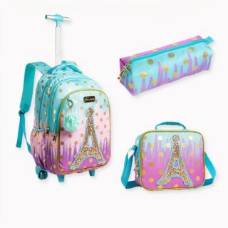 blue and pink Eiffel Tower backpack + satchel + pencil case set